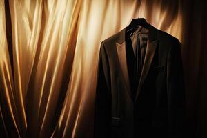 A black suit jacket is hanging on a hanger photo