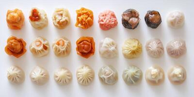 Assorted Dumplings with Various Fillings on White Background photo