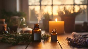 Aromatic Essential Oils and Candles on Wooden Table with Warm Sunset Light in Cozy Home Setting photo