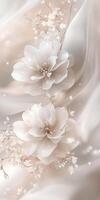 Elegant White Flowers on Soft Cream Satin Fabric Background photo