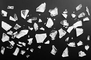 Shattered Glass Pieces on Dark Background Creating Abstract Pattern of Broken Transparent Fragments photo