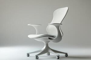 A white office chair with a black arm rest photo