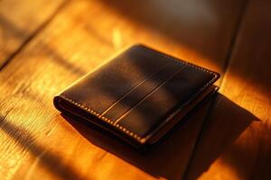 A leather wallet sits on a wooden table photo