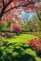 Beautiful Spring Garden with Vibrant Cherry Blossoms and Lush Greenery Under a Clear Blue Sky photo