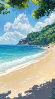 Serene Tropical Beach with Lush Greenery and Clear Blue Skies on a Sunny Day photo