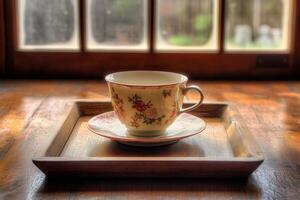 Vintage Floral Teacup on Wooden Tray by Sunlit Window in Cozy Rustic Setting photo