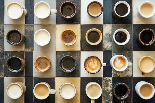un fila de café tazas con diferente colores y tamaños foto