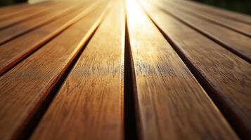 Close-Up of Sunlit Wooden Decking with Warm Tones and Textured Surface photo