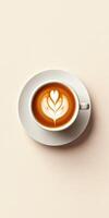 Aerial View of a Perfectly Crafted Latte Art in a White Cup on a Minimalist Beige Background photo