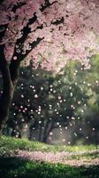 Beautiful Cherry Blossom Tree with Falling Petals in a Serene Spring Landscape photo