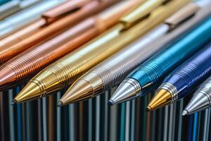 A row of pens with different colors and sizes photo
