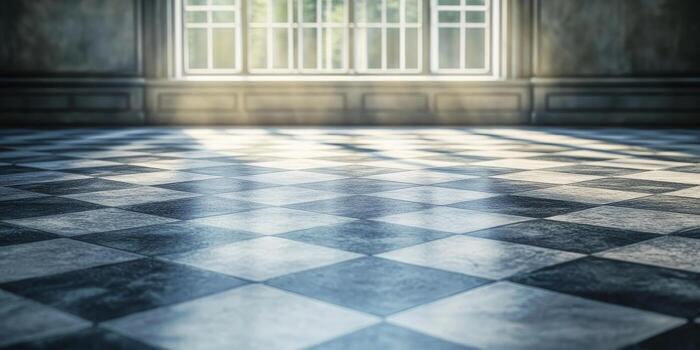 luz de sol transmisión mediante ventana sobre Clásico tablero de damas piso foto