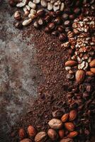 Assorted Nuts, Chocolate and Cocoa on Dark Rustic Background photo