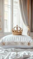 Elegant Golden Crown Resting on Luxurious Pillow in Opulent Room photo