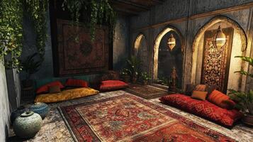 Cozy Bohemian Lounge with Colorful Cushions and Oriental Rugs in a Rustic Interior Setting photo
