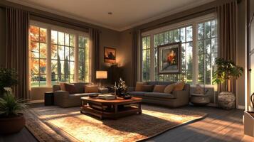 A living room with a couch, coffee table, and potted plants. The room is well lit and has a warm, inviting atmosphere photo