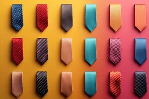 Colorful Array of Neckties on Gradient Background Showcasing Variety in Patterns and Textures photo