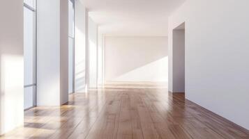 Spacious and Bright Modern Interior with Light Wooden Flooring and Windows photo