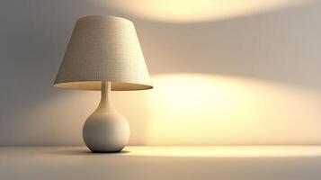 Elegant Modern Table Lamp Casting Warm Light on Minimalist Interior Wall in Soft Tones photo