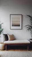 Minimalist Interior with Elegant Wooden Bench and Framed Artwork in a Modern Living Space photo