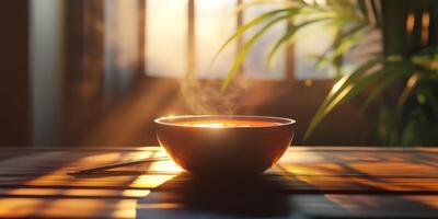 Warm Bowl of Soup Glowing in Soft Light from Window Interior photo