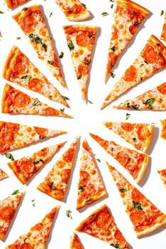 Slices of Pepperoni Pizza Arranged in Circular Pattern on White Surface photo