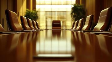 A large conference table with many chairs and a potted plant photo
