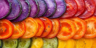 Colorful Sliced Vegetables Arranged in a Rainbow Pattern photo