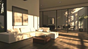 A living room with a white couch and a brown coffee table photo
