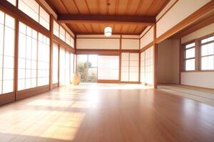 Sunlit Traditional Japanese Room with Wooden Floors and Shoji Screens photo