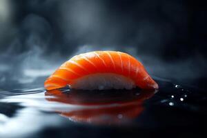 Fresh Salmon Sushi with Artistic Presentation on Dark Background photo
