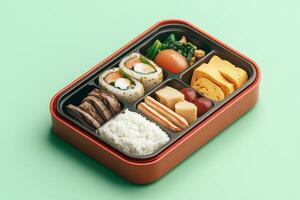Colorful Japanese Bento Box with Rice, Sushi, and Vegetables photo