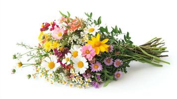 Vibrant Bouquet of Wildflowers on White Background Showcasing Colorful Daisies photo