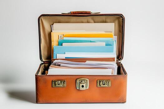 A brown suitcase with papers inside photo