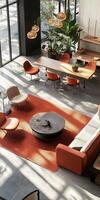 A living room with a red rug and orange chairs photo