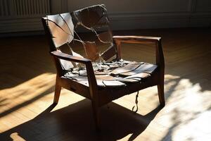 Rustic Wooden Chair with Worn Leather in Sunlit Room Creating a Vintage and Nostalgic Atmosphere photo