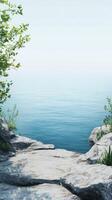 Serene Coastal View with Rocky Shoreline and Calm Blue Sea Under Clear Sky photo