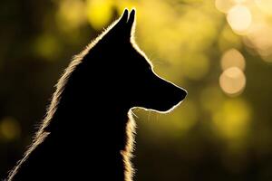 Silhouette of a Dog Against a Golden Bokeh Background in a Sunlit Forest Setting photo