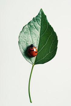 Close-Up of a Ladybug on a Green Leaf Against a Minimalist Background photo