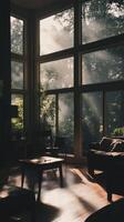 A living room with a couch, a chair, a table, and a potted plant photo