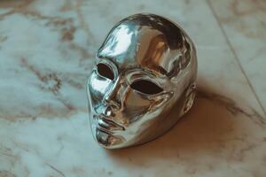 Silver Metallic Face Mask on Marble Surface with Artistic Touch photo