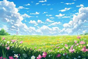 Serene Meadow with Colorful Wildflowers Under a Vibrant Blue Sky and Fluffy White Clouds photo