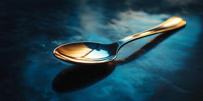 Elegant Silver Spoon on Dark Reflective Surface with Dramatic Lighting and Shadows photo