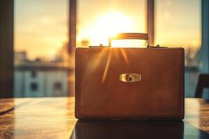 A brown briefcase is sitting on a table photo