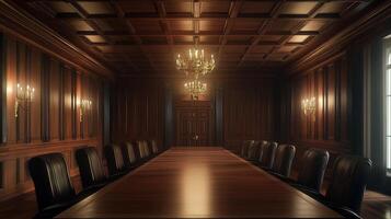 A large room with a long table and many chairs. The room is very dark and the light is coming from the ceiling photo