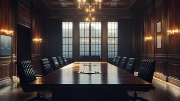 A large room with a long table and many chairs. The room is dimly lit and has a formal atmosphere photo