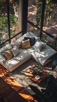 A couch with pillows and a coffee table in front of it photo