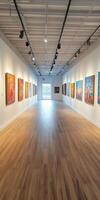 Art Gallery Interior with Colorful Paintings and Bright Lighting photo