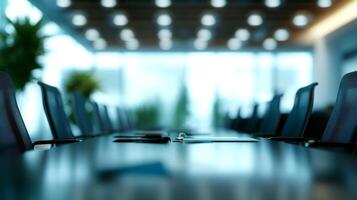 A conference room with a table and chairs. photo