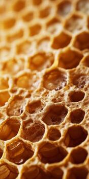 Close-Up View of Honeycomb with Golden Honey Droplets and Texture photo